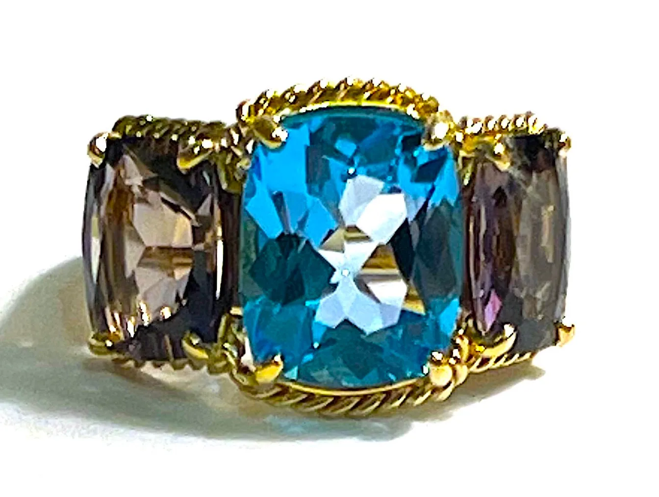Pink Topaz and Rock Crystal Three Stone Ring with Rope Twist Border