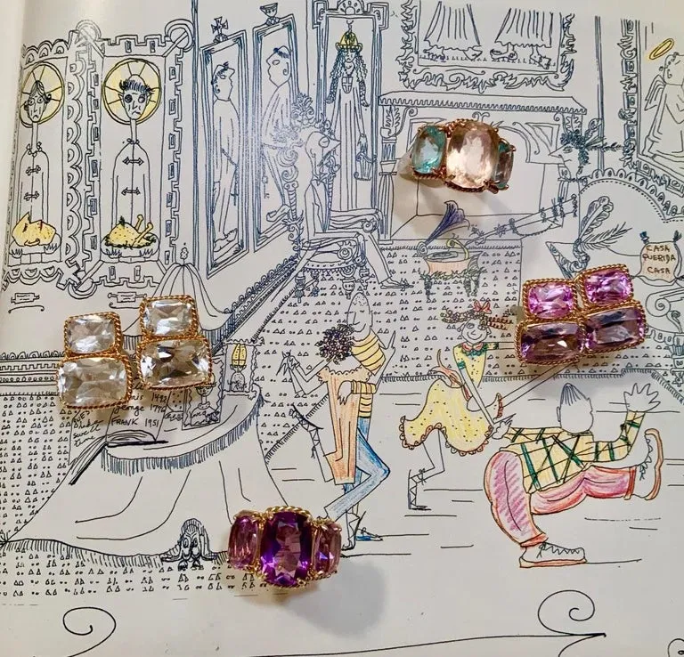 Pink Topaz and Rock Crystal Three Stone Ring with Rope Twist Border
