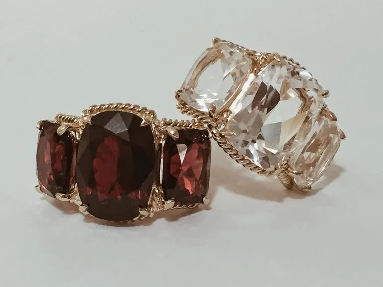 Pink Topaz and Rock Crystal Three Stone Ring with Rope Twist Border