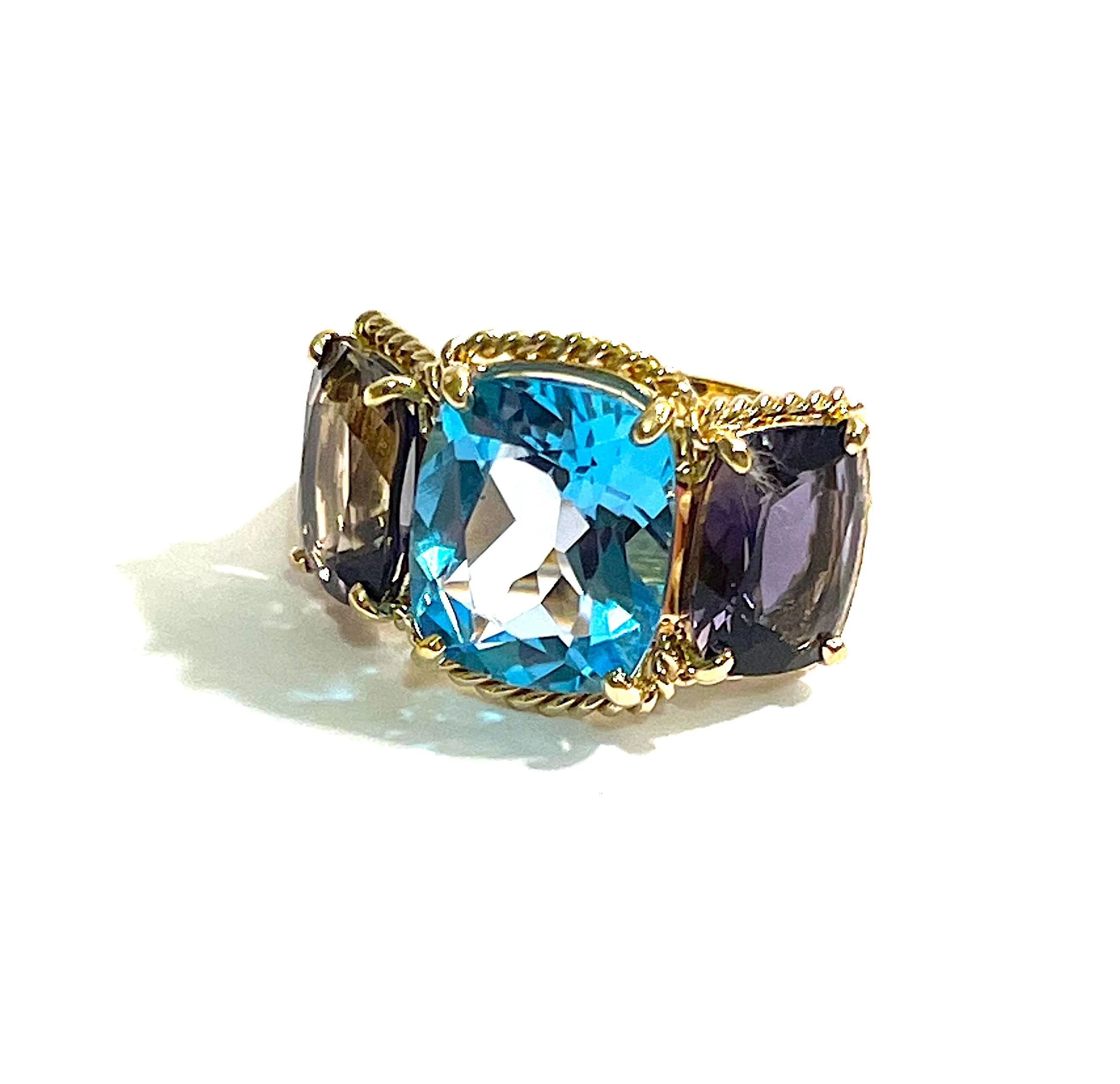 Pink Topaz and Rock Crystal Three Stone Ring with Rope Twist Border