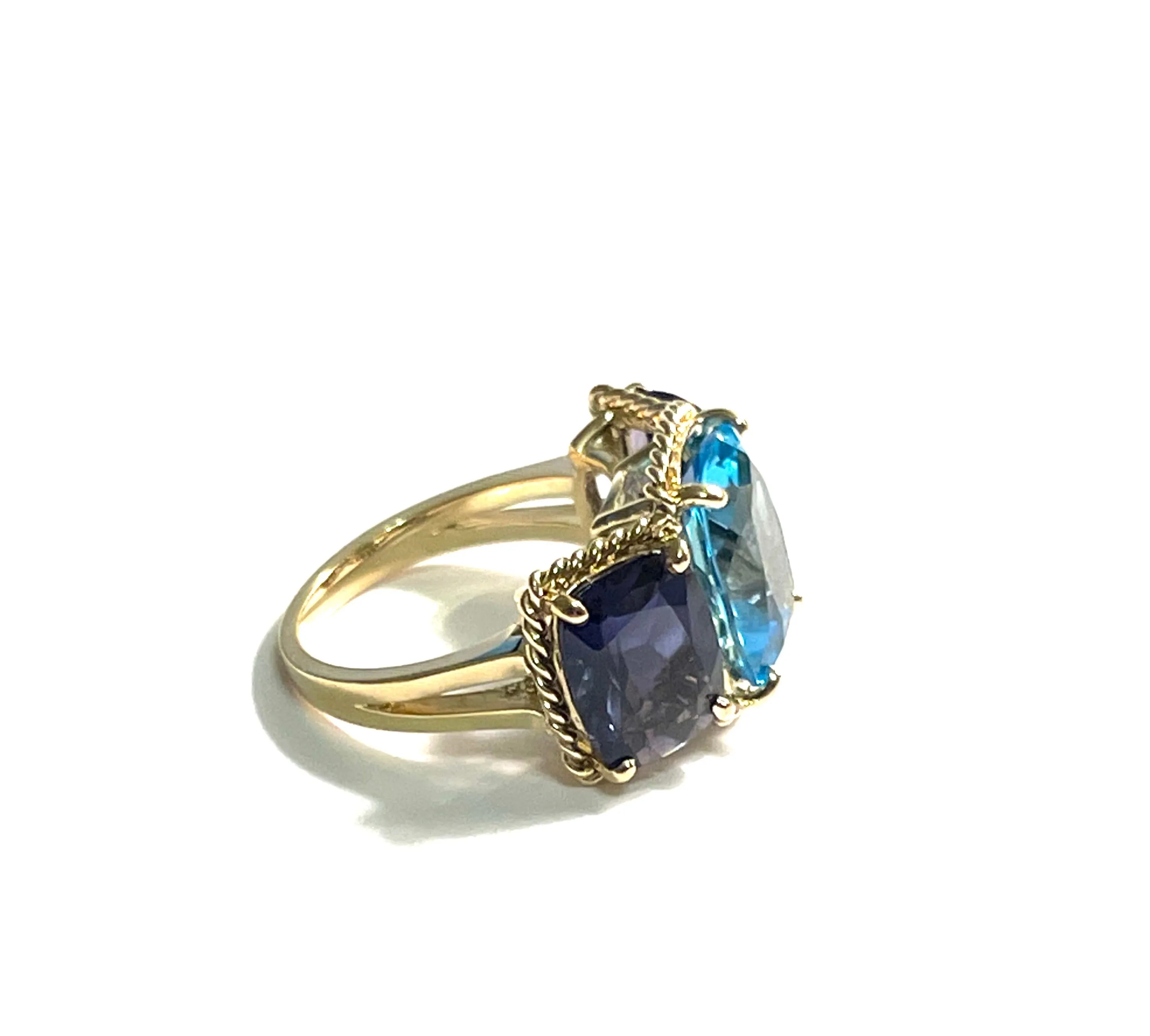Pink Topaz and Rock Crystal Three Stone Ring with Rope Twist Border