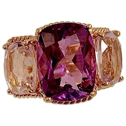 Pink Topaz and Rock Crystal Three Stone Ring with Rope Twist Border