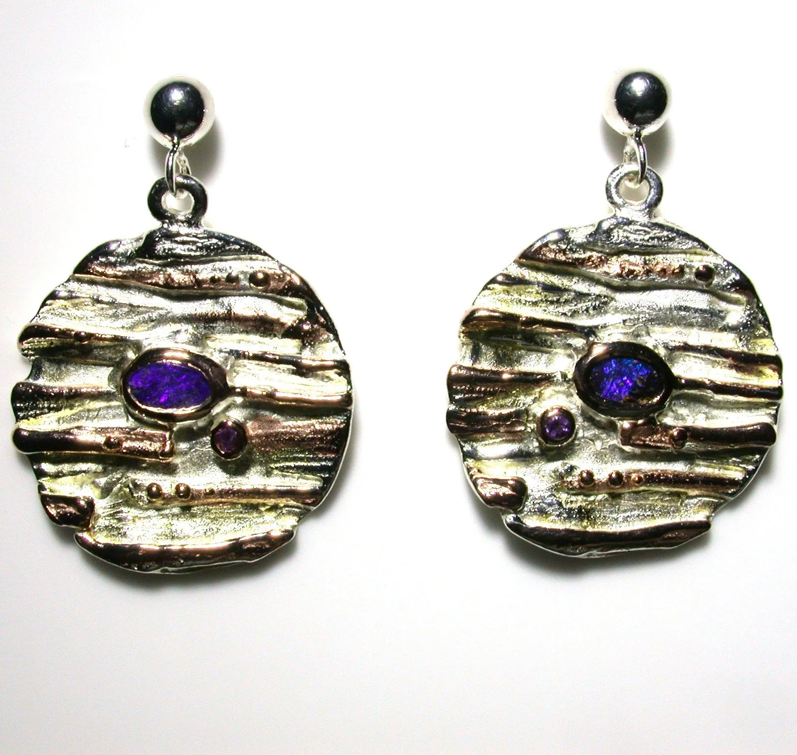 Purple , blue solid boulder opals and amethyst set in sterling silver drop earrings