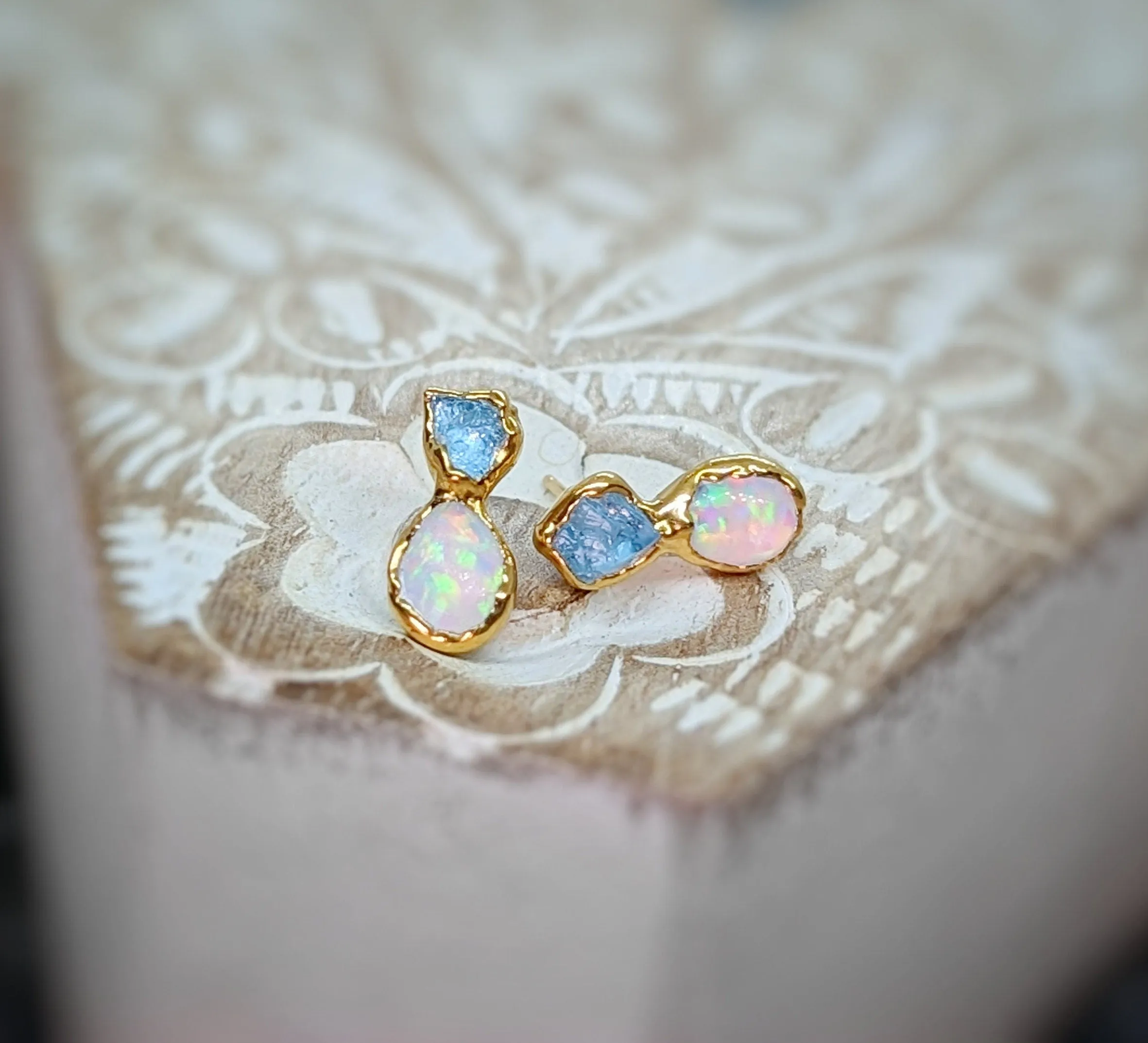 Raw Aquamarine and Opal stud earrings