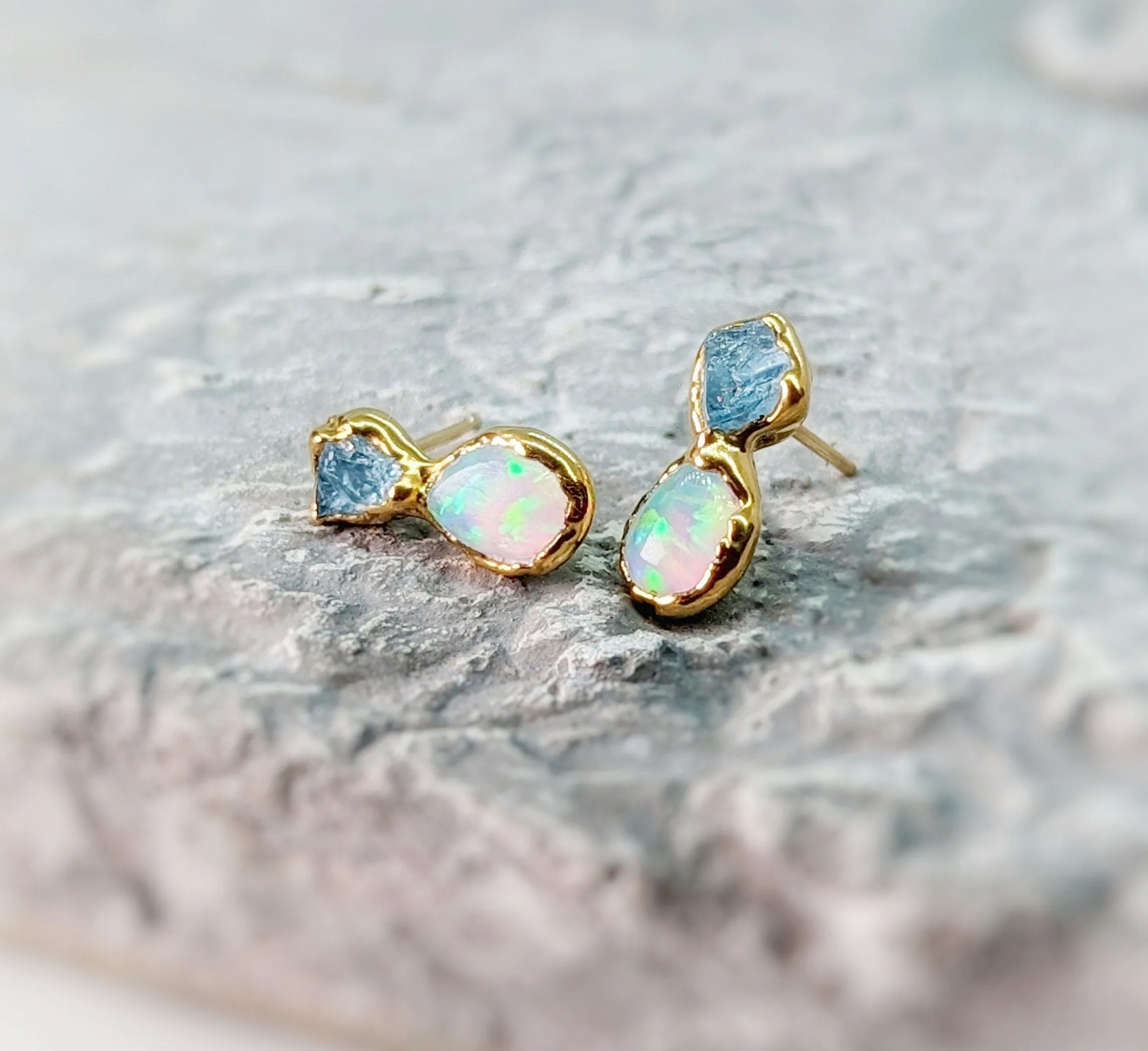 Raw Aquamarine and Opal stud earrings