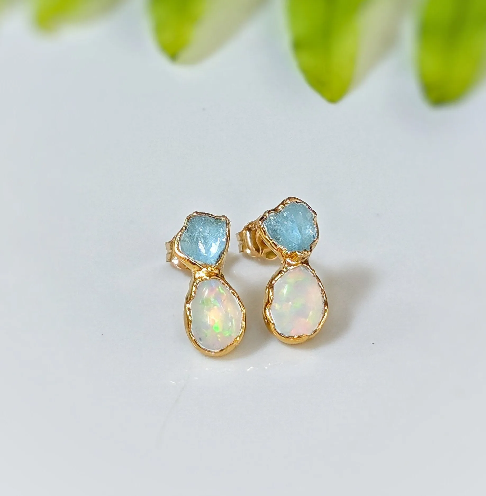 Raw Aquamarine and Opal stud earrings