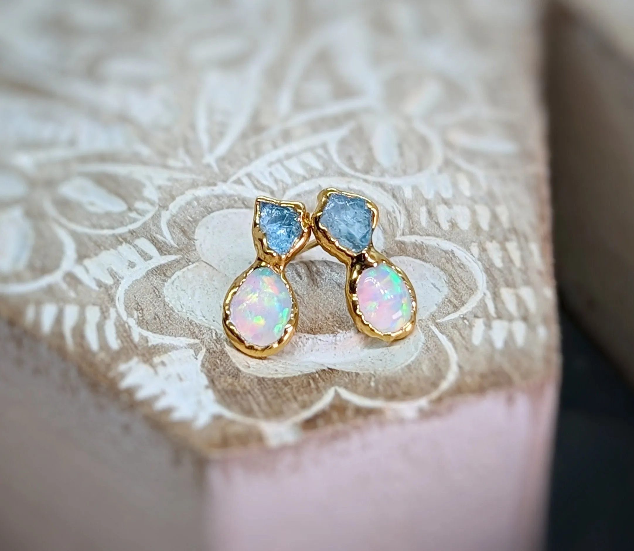 Raw Aquamarine and Opal stud earrings