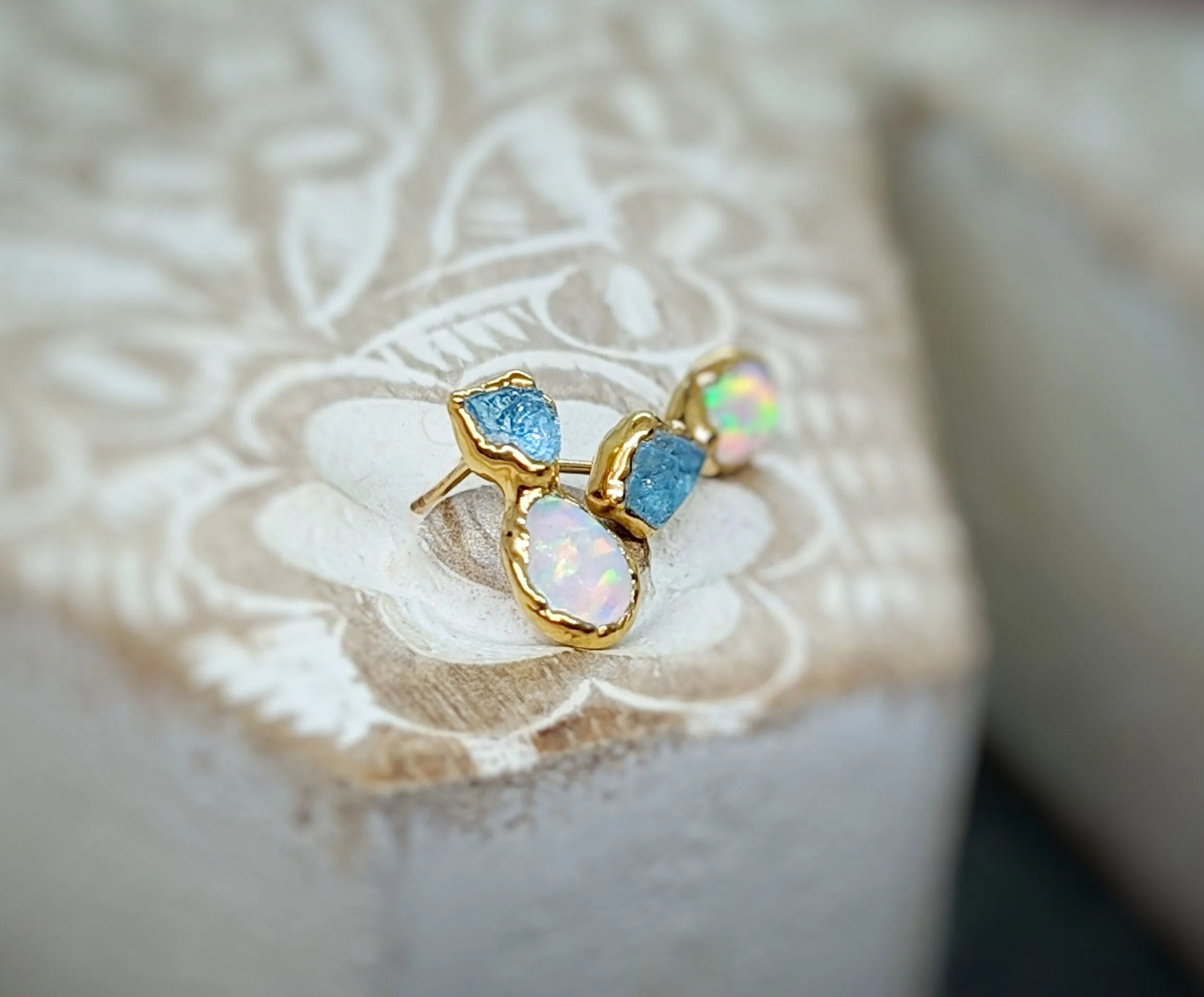 Raw Aquamarine and Opal stud earrings