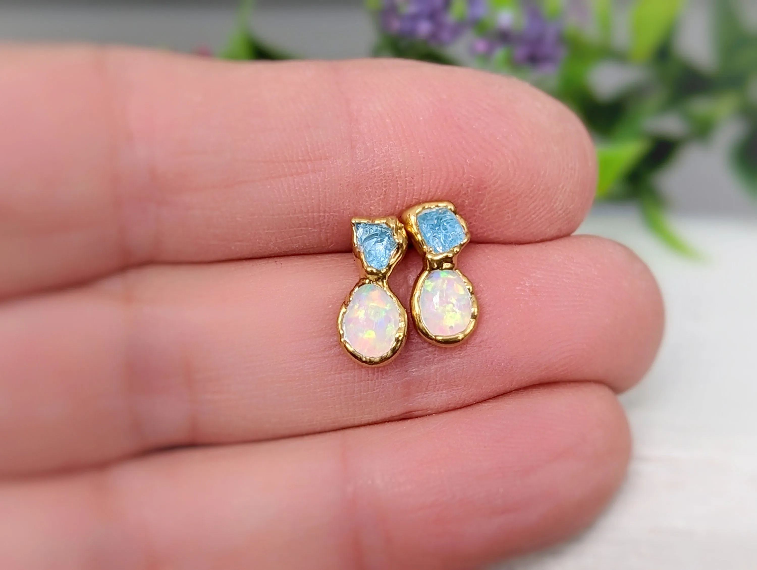 Raw Aquamarine and Opal stud earrings
