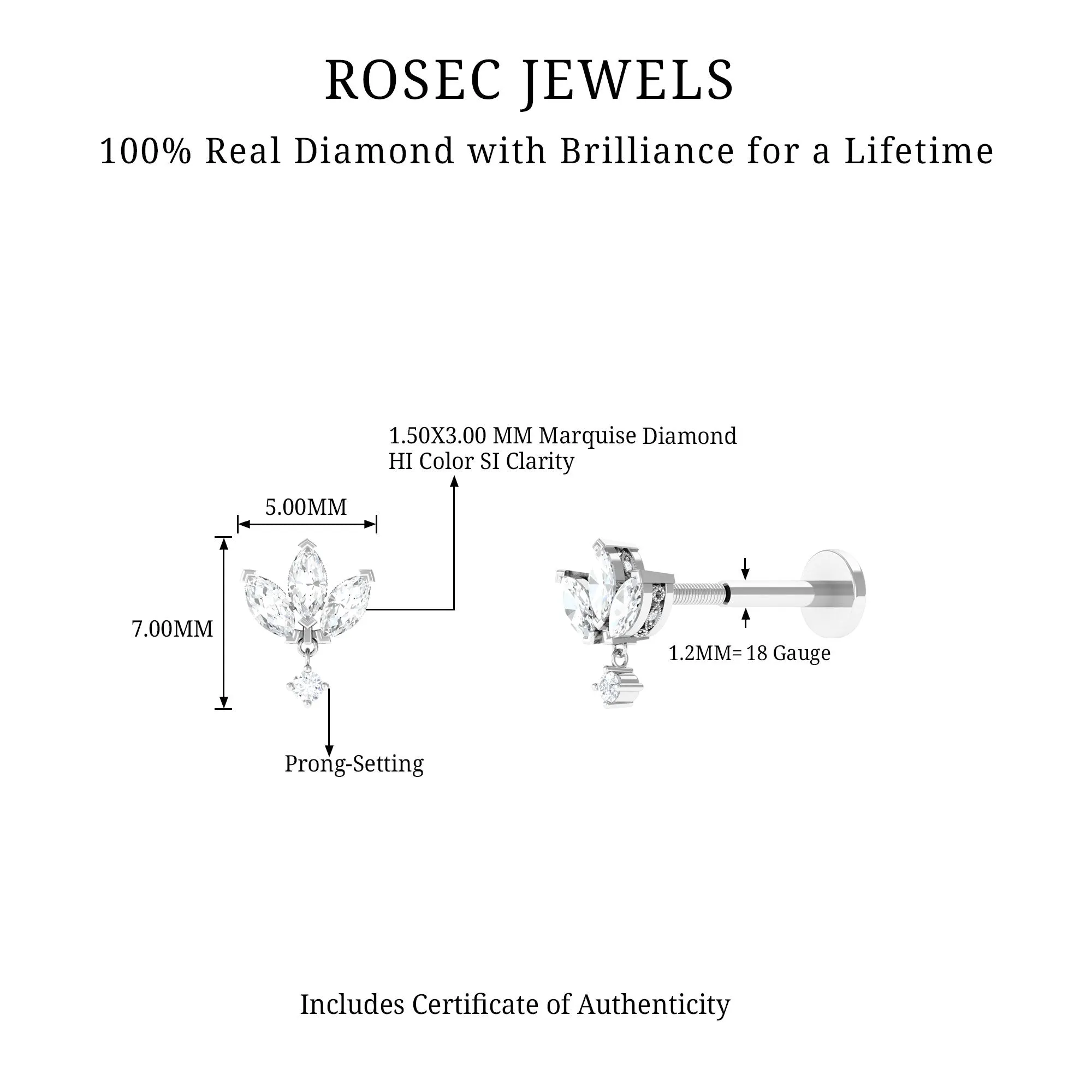 Real Diamond Lotus Flower Drop Earring for Cartilage Piercing
