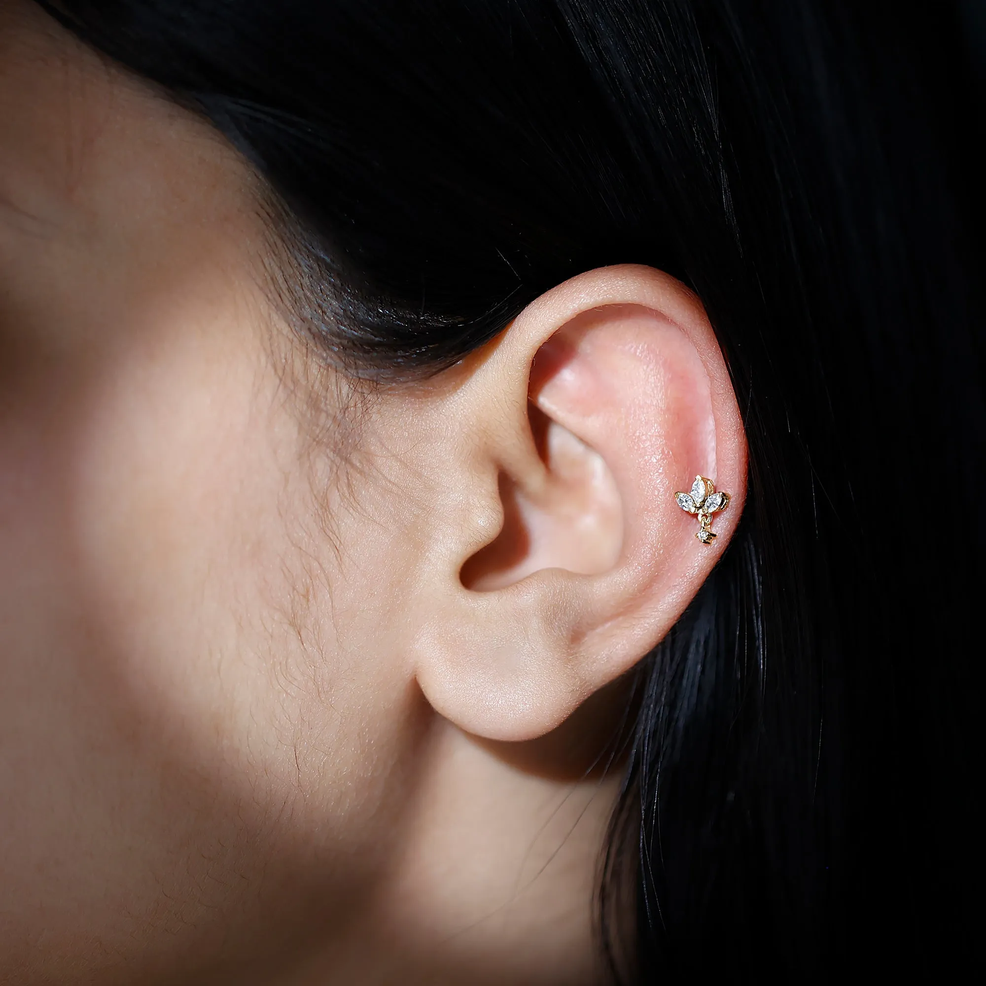 Real Diamond Lotus Flower Drop Earring for Cartilage Piercing
