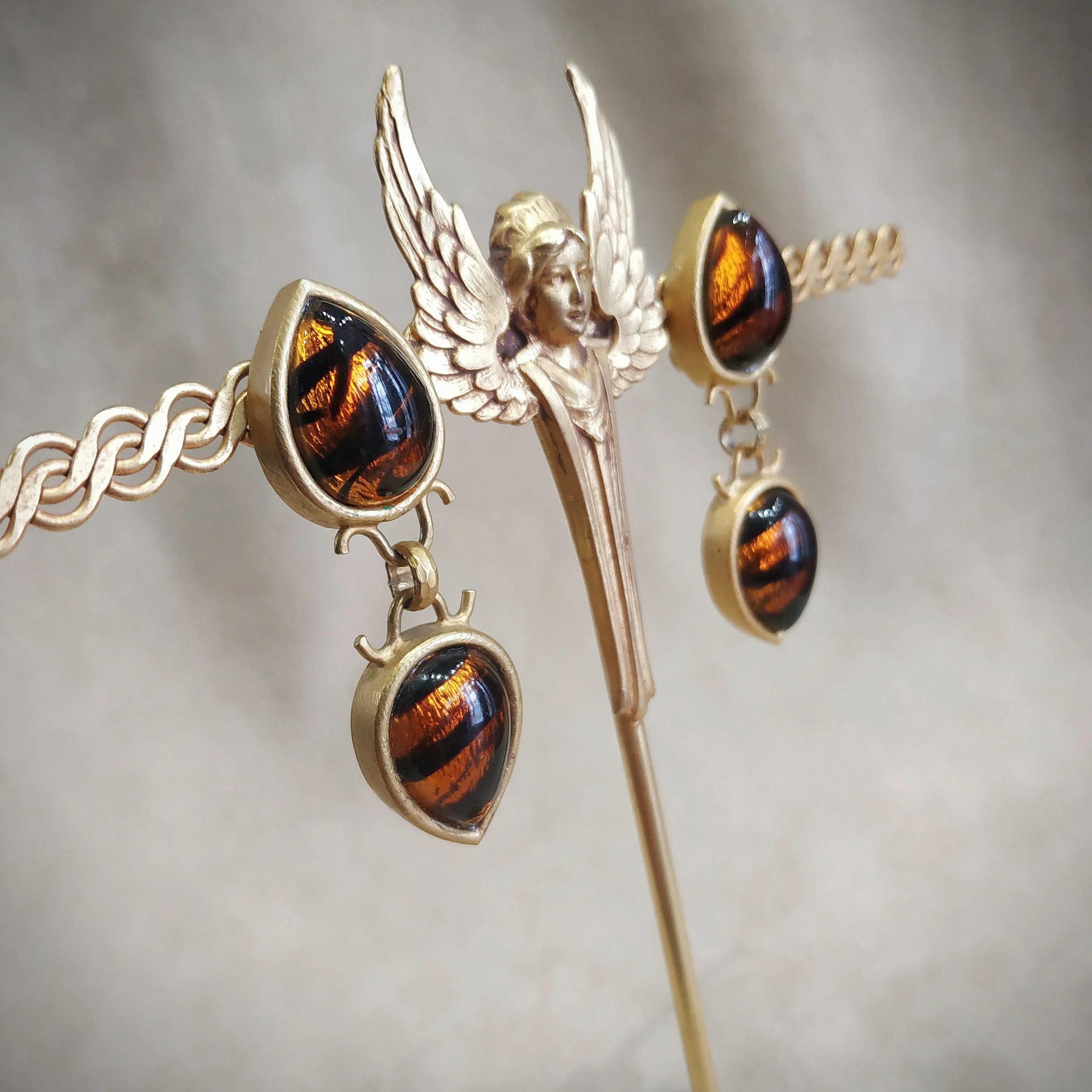Rima Ariss Amber  Foil Glass Clip On Drop earrings