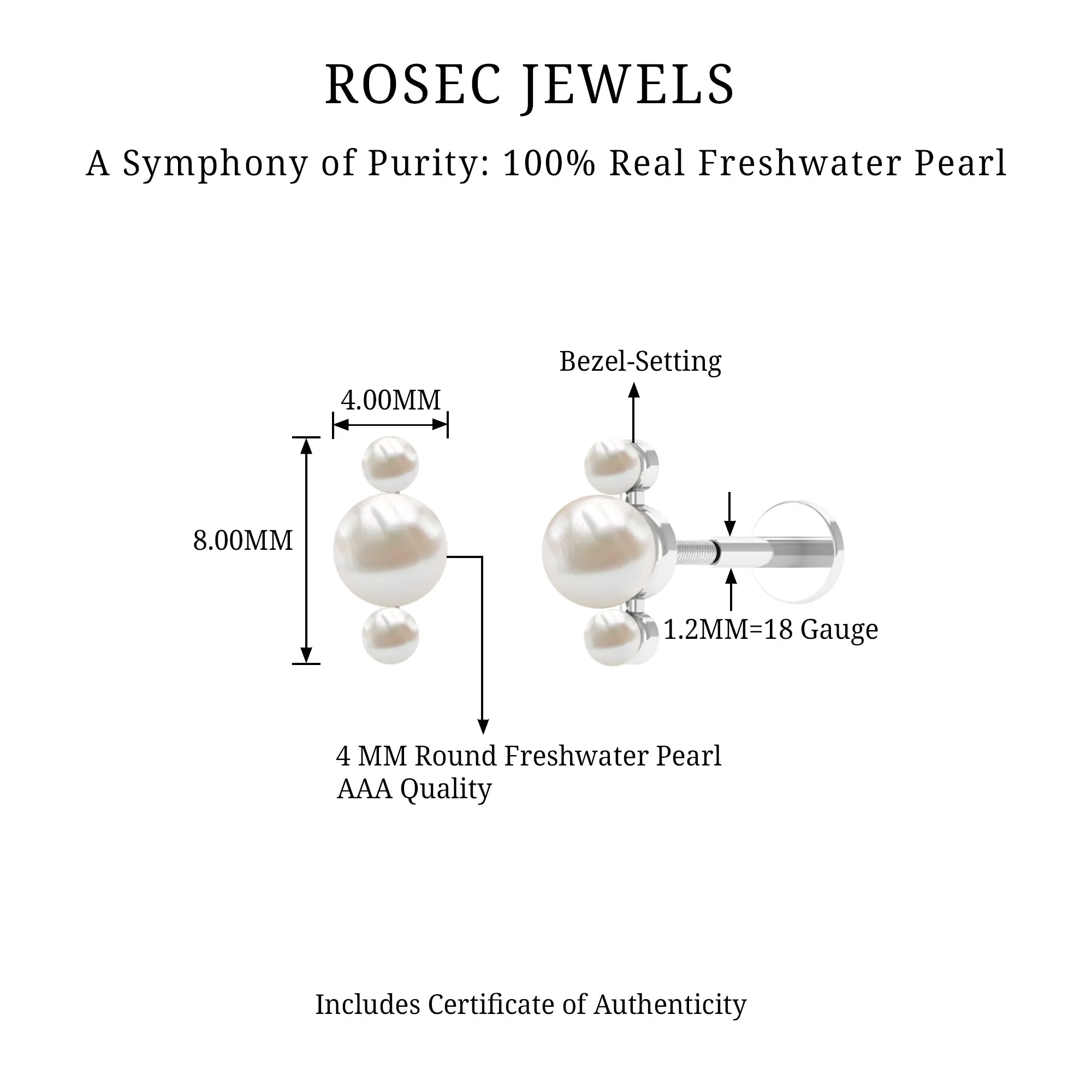 Round Freshwater Pearl Three Stone Cartilage Earring