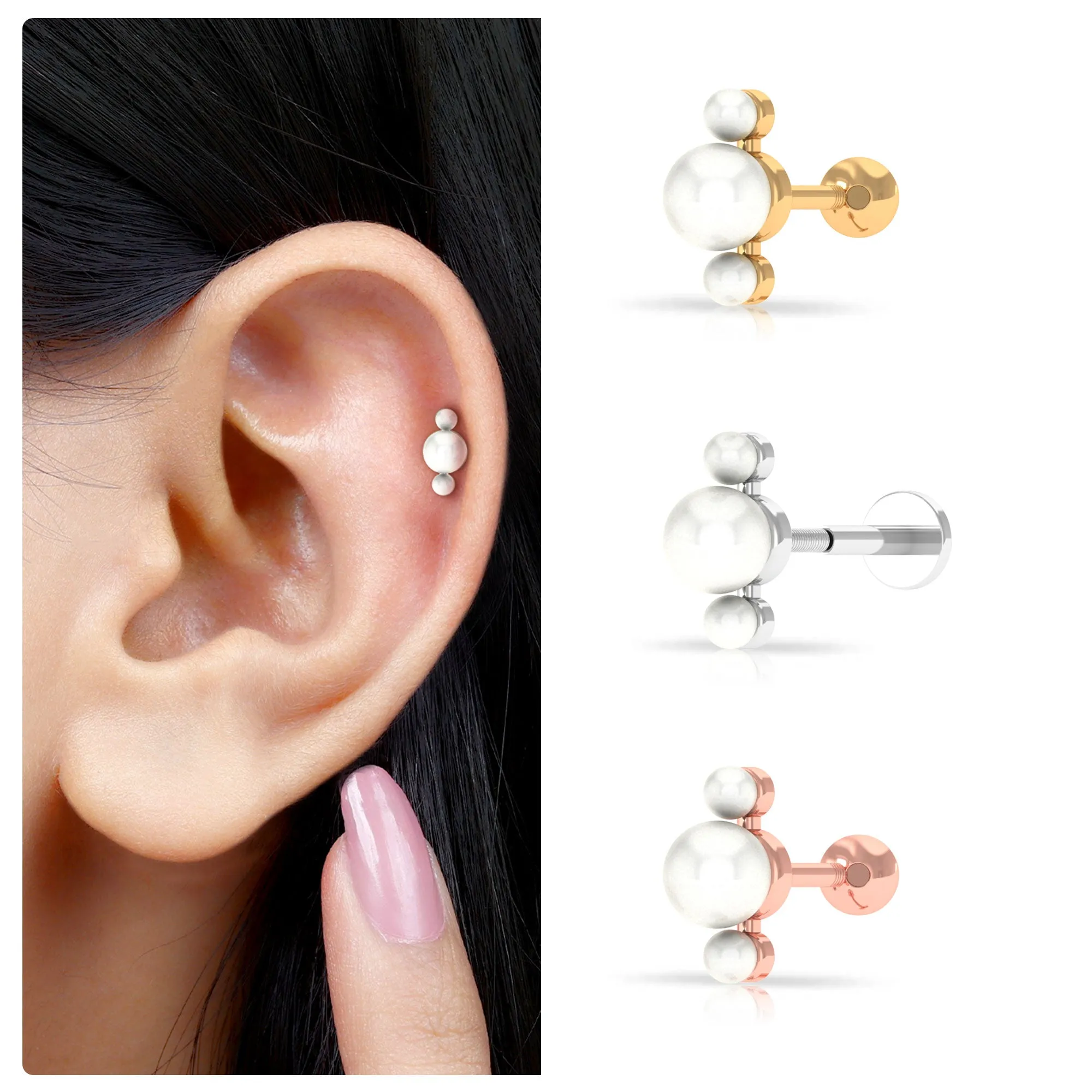 Round Freshwater Pearl Three Stone Cartilage Earring