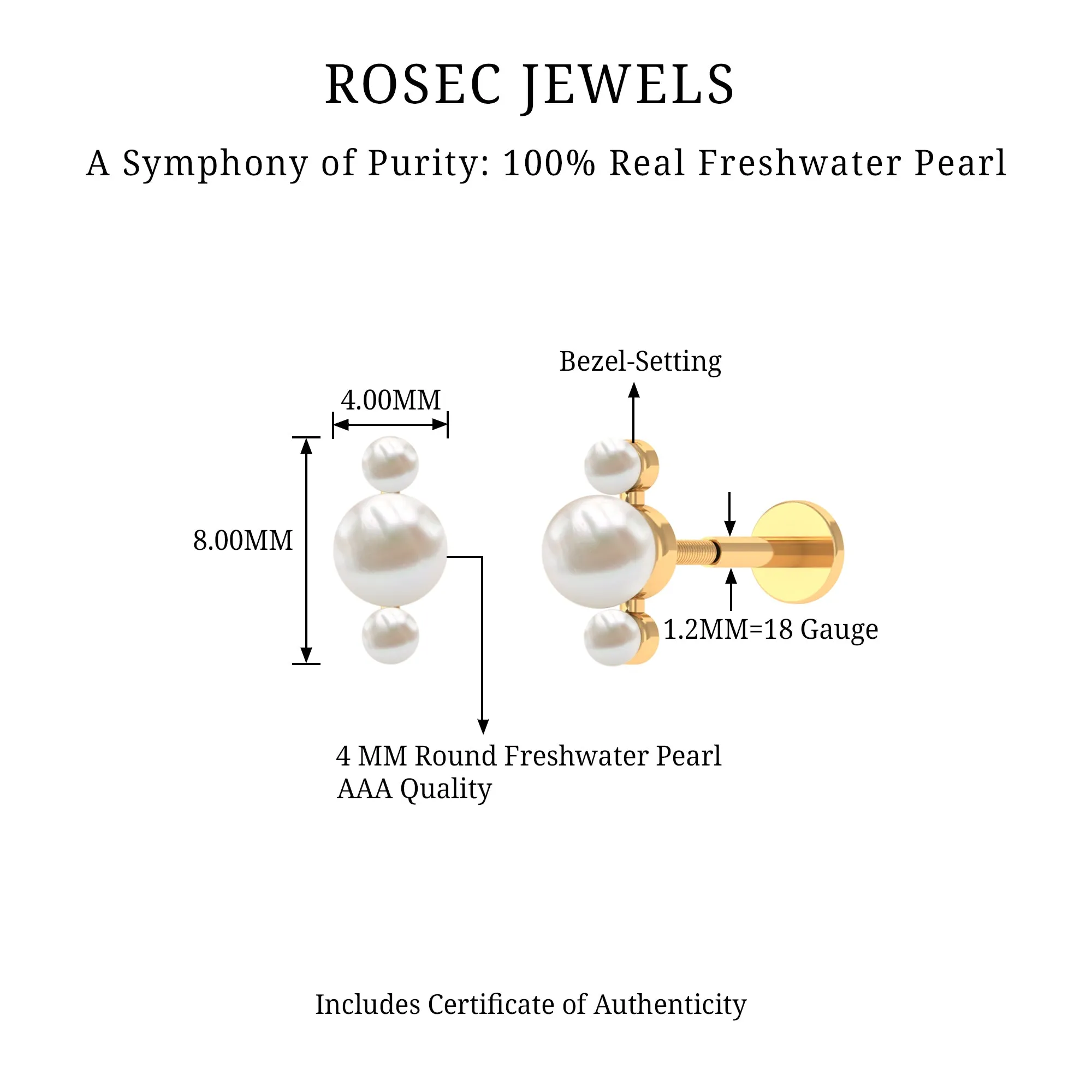 Round Freshwater Pearl Three Stone Cartilage Earring