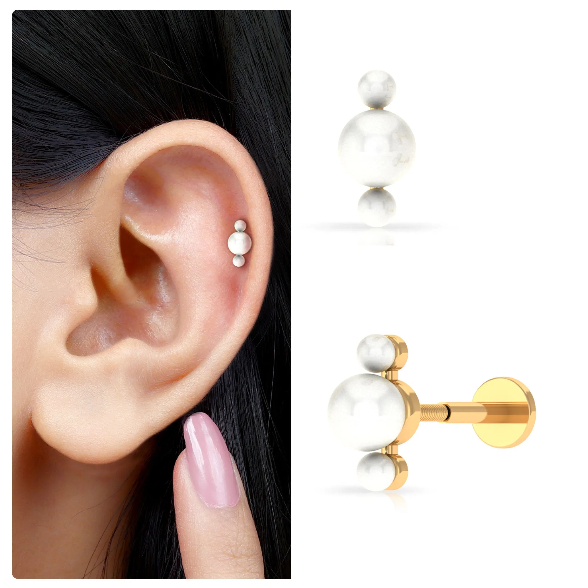 Round Freshwater Pearl Three Stone Cartilage Earring