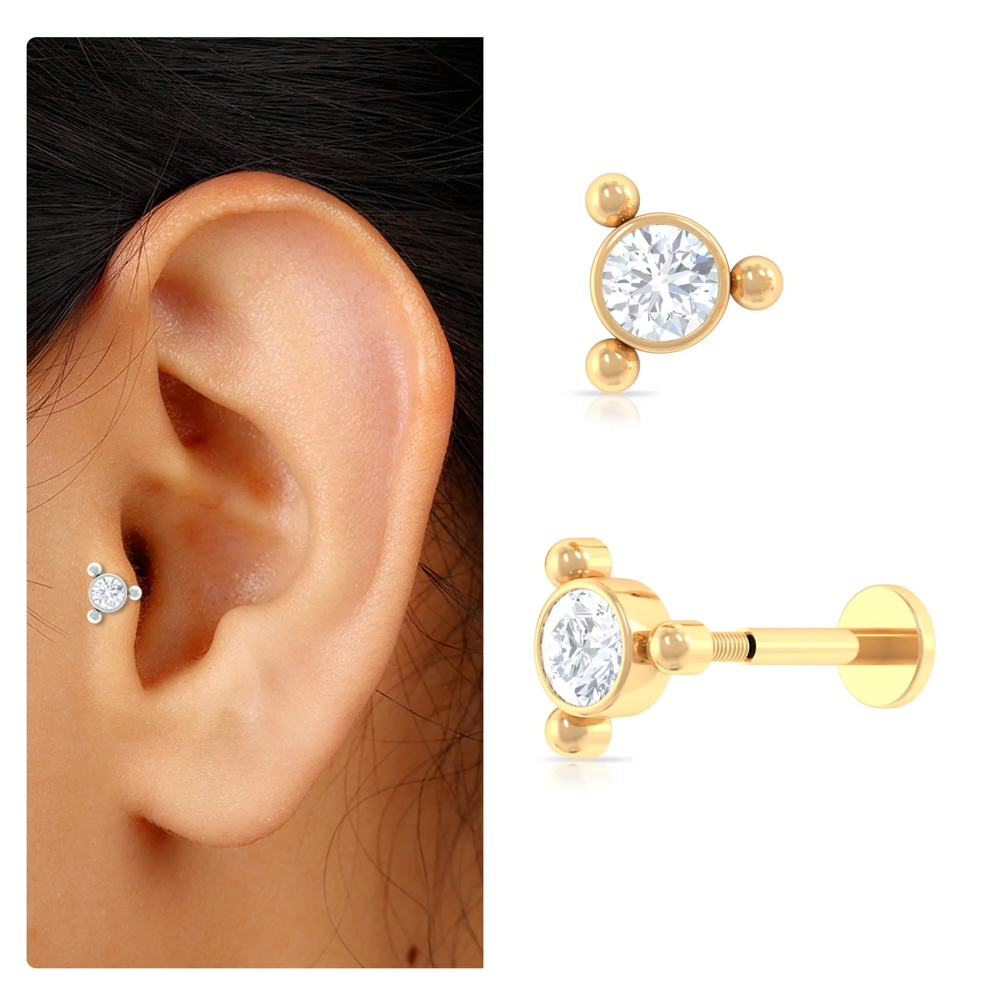 Round Moissanite Simple Gold Beaded Helix Earring