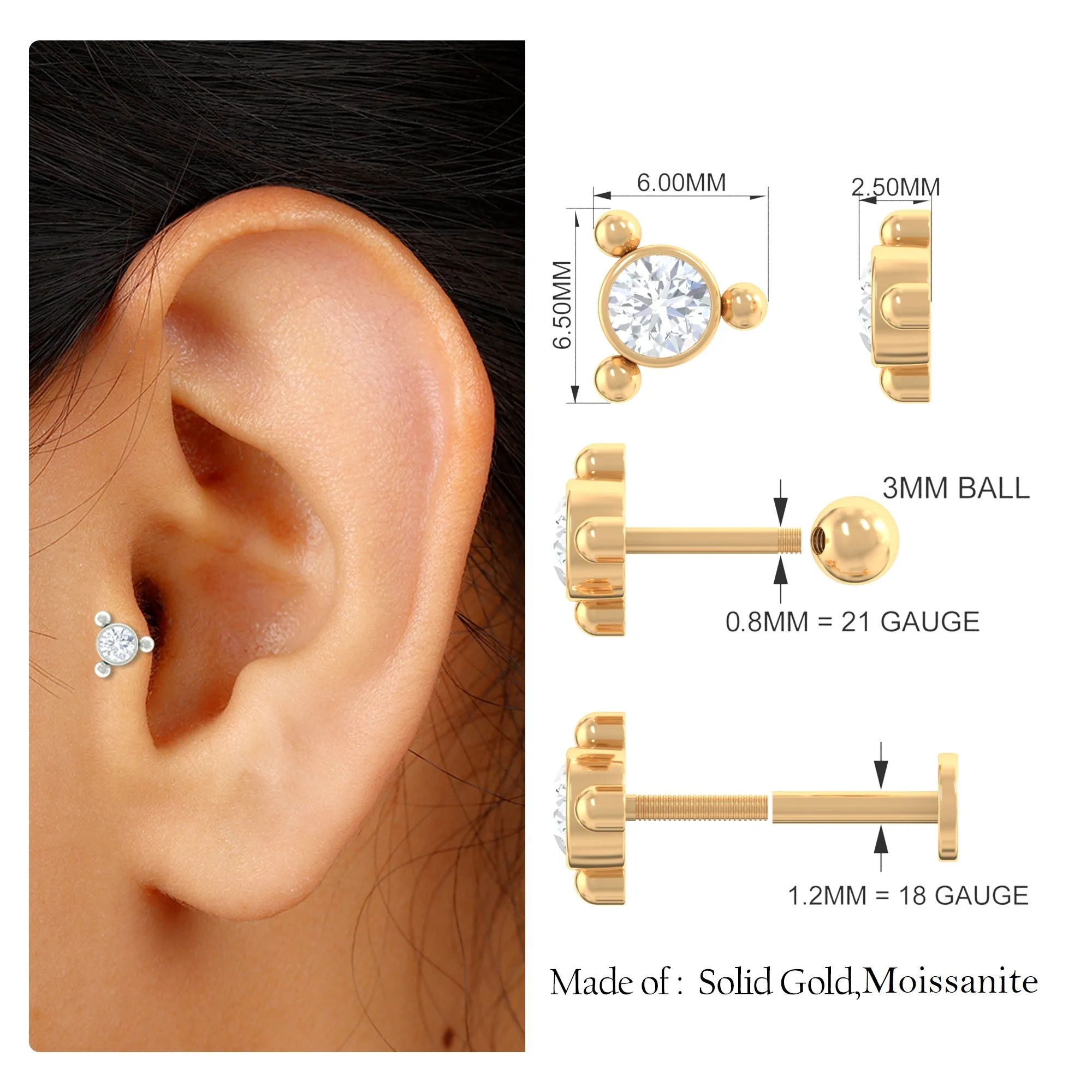 Round Moissanite Simple Gold Beaded Helix Earring