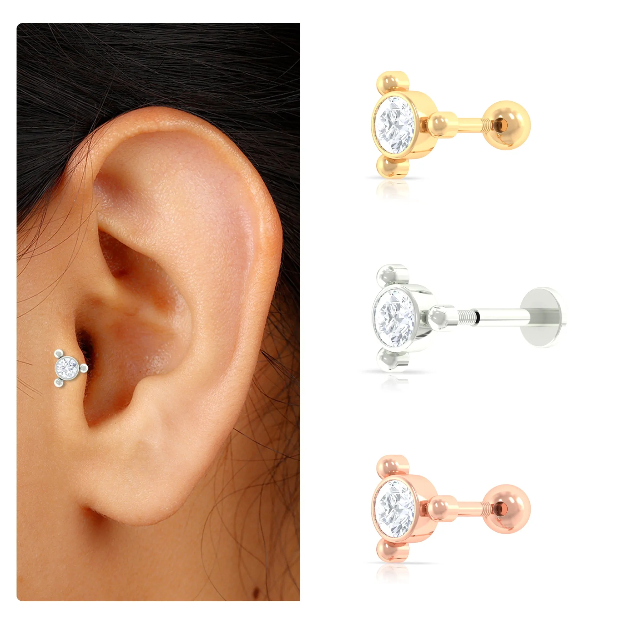 Round Moissanite Simple Gold Beaded Helix Earring