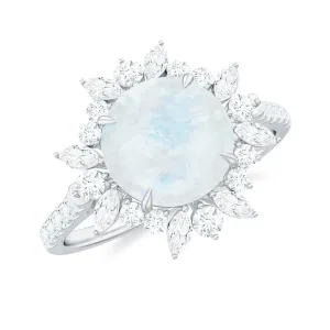 Round Moonstone Statement Ring with Moissanite Floral Halo