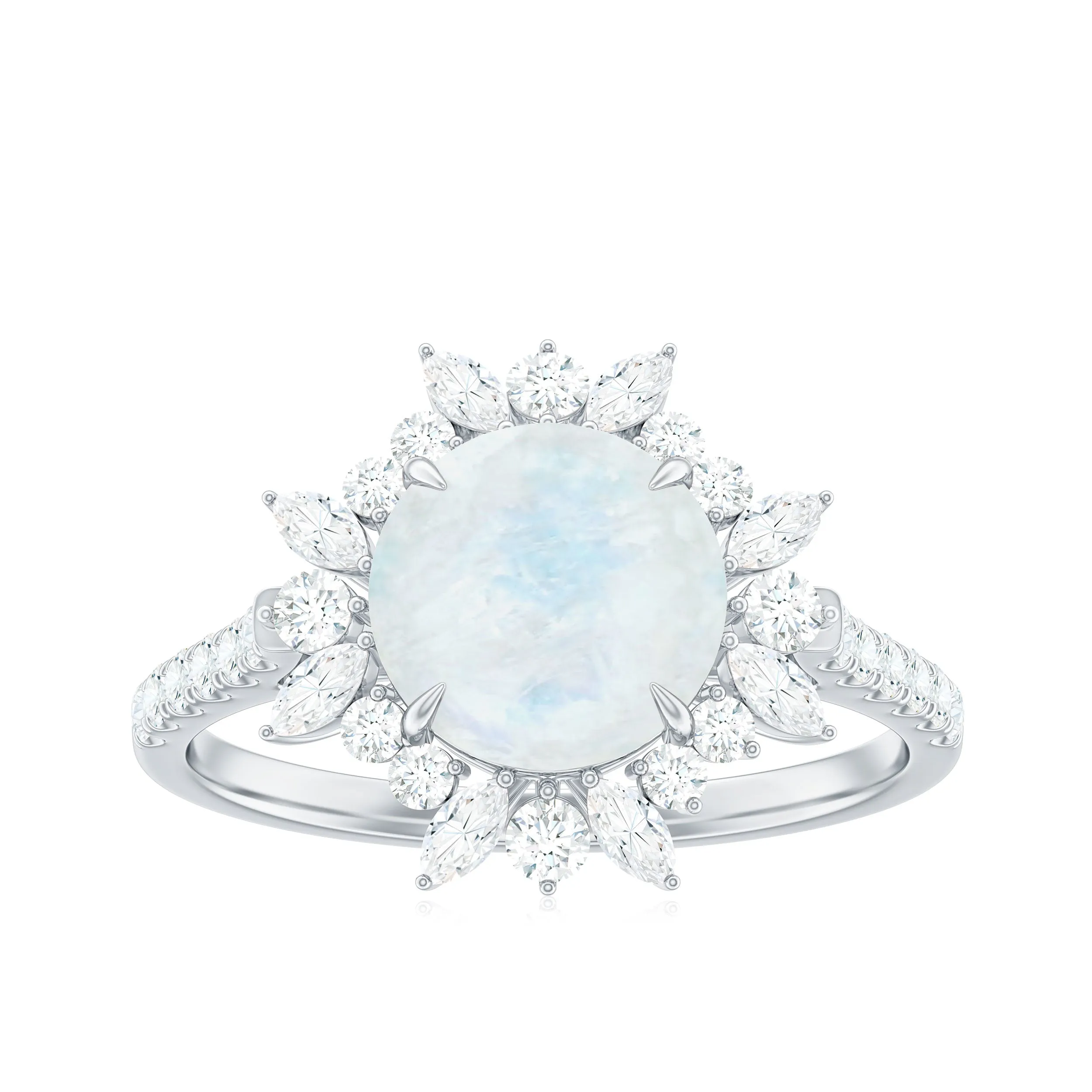 Round Moonstone Statement Ring with Moissanite Floral Halo