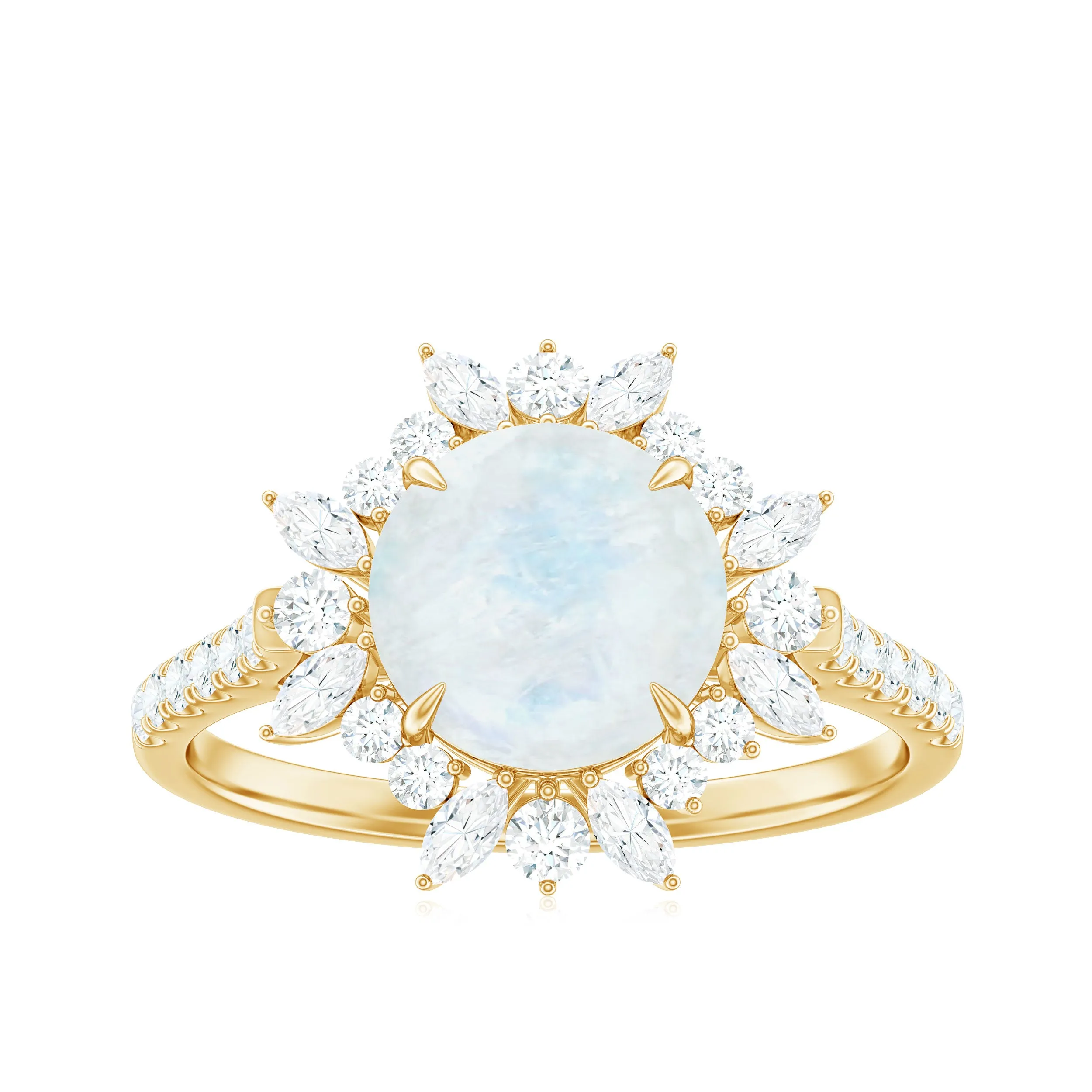 Round Moonstone Statement Ring with Moissanite Floral Halo