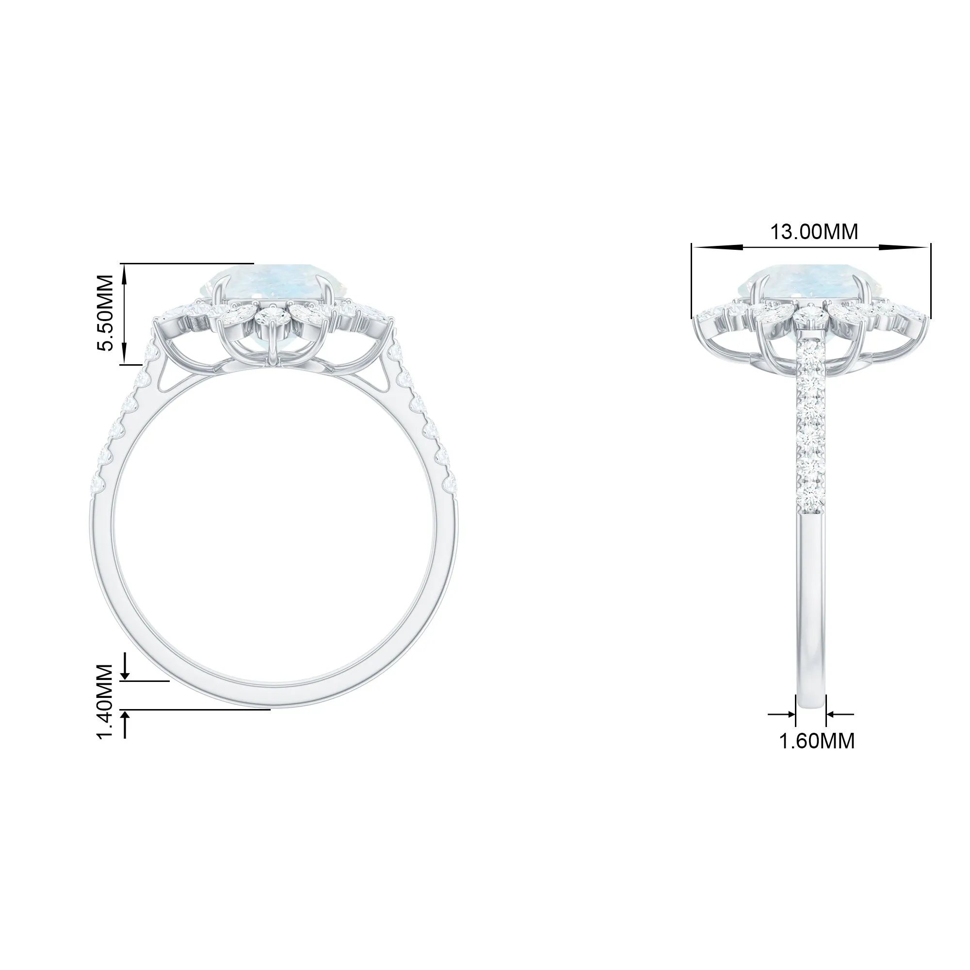 Round Moonstone Statement Ring with Moissanite Floral Halo