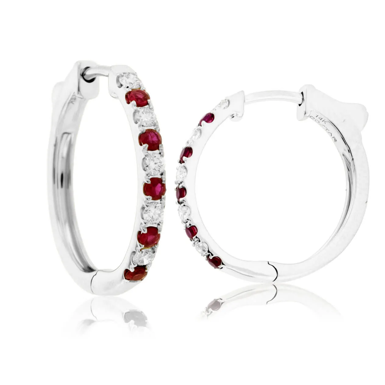 Round Prong Set Ruby & Diamond Hoop Earrings