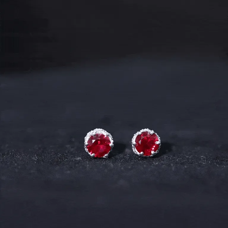 Round Shape Lab Grown Ruby Solitaire Stud Earrings with Diamond Accent