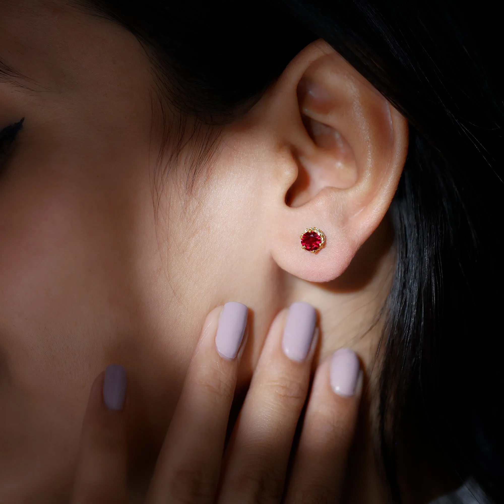 Round Shape Lab Grown Ruby Solitaire Stud Earrings with Diamond Accent