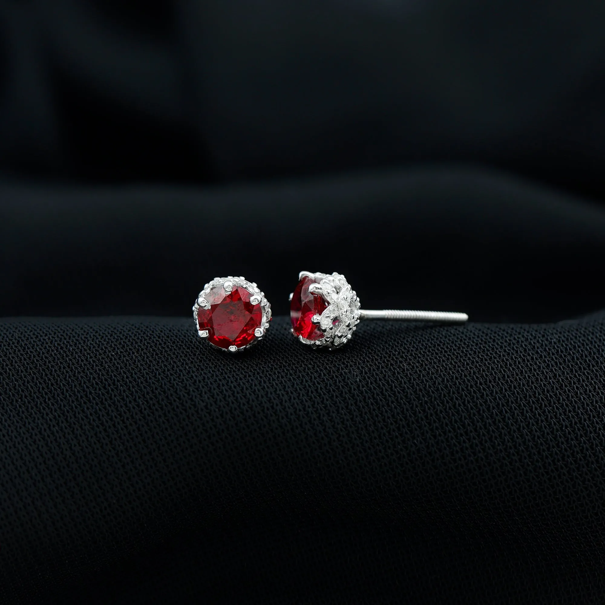 Round Shape Lab Grown Ruby Solitaire Stud Earrings with Diamond Accent