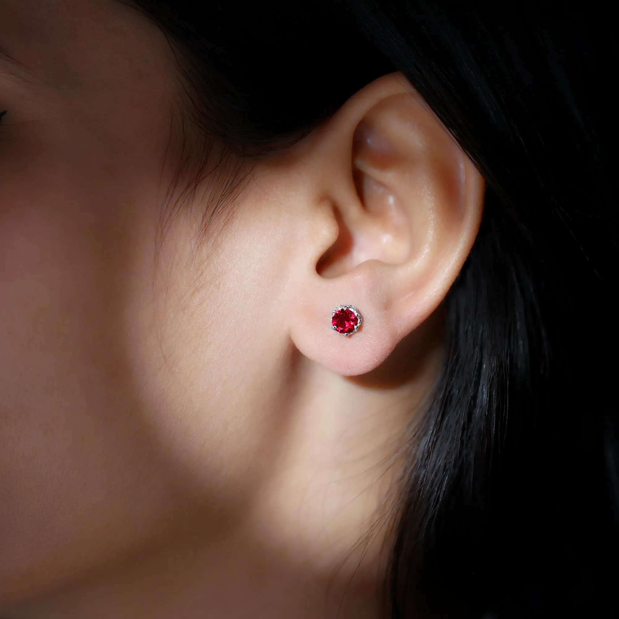 Round Shape Lab Grown Ruby Solitaire Stud Earrings with Diamond Accent
