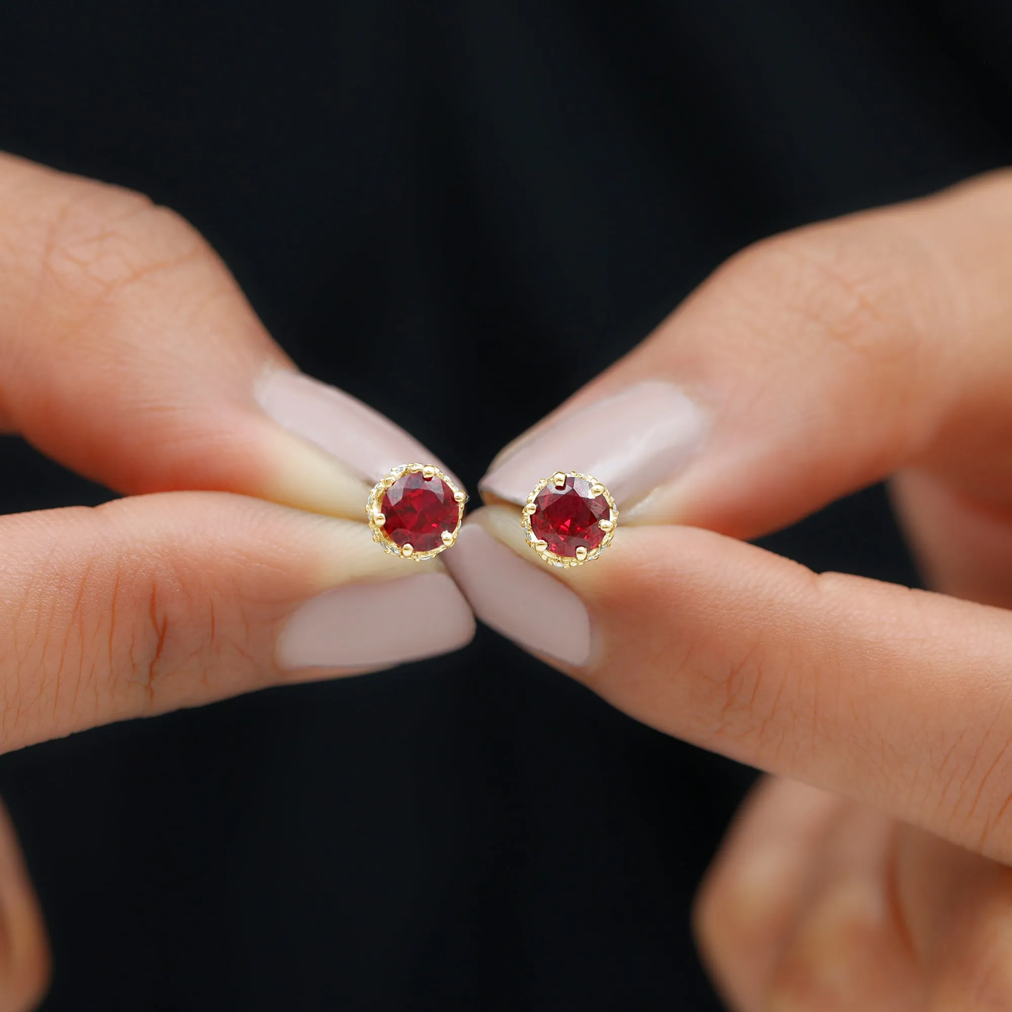 Round Shape Lab Grown Ruby Solitaire Stud Earrings with Diamond Accent