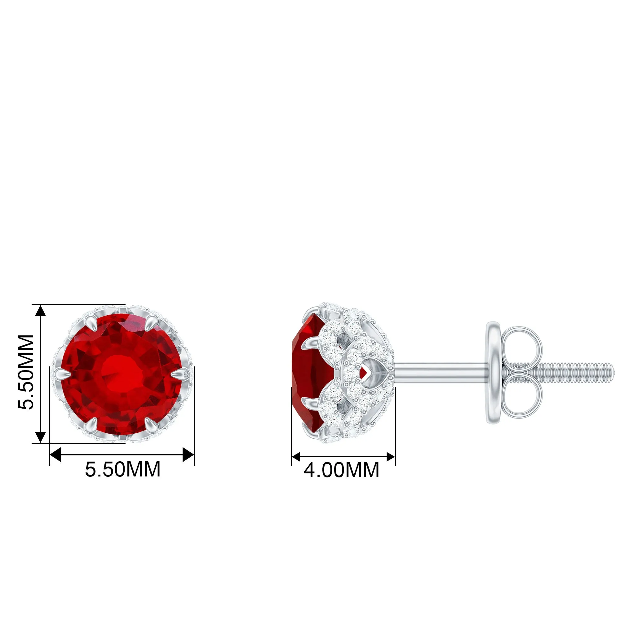 Round Shape Lab Grown Ruby Solitaire Stud Earrings with Diamond Accent