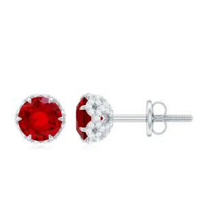 Round Shape Lab Grown Ruby Solitaire Stud Earrings with Diamond Accent