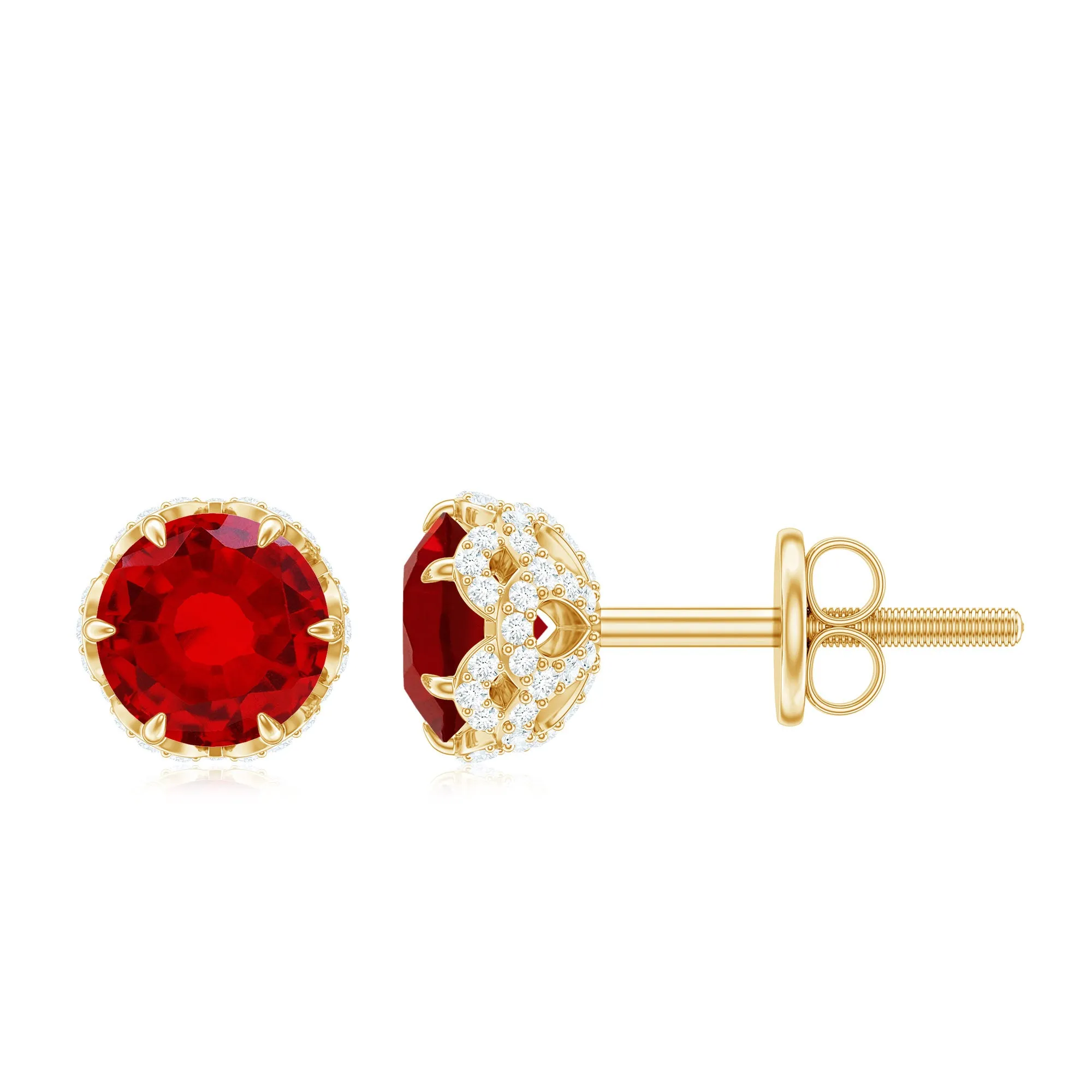 Round Shape Lab Grown Ruby Solitaire Stud Earrings with Diamond Accent