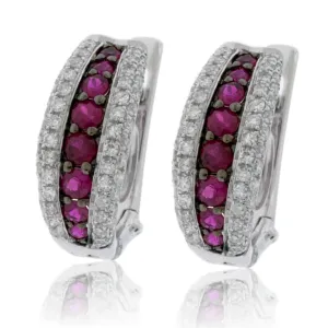 Ruby Center & Diamond Lined Hoop Earrings