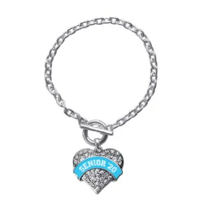 Silver Blue Senior 2020 Pave Heart Charm Toggle Bracelet