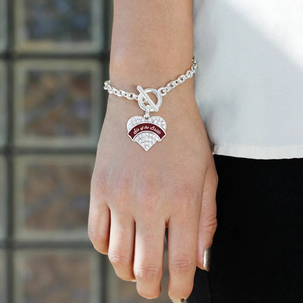 Silver Burgundy Sis of the Bride Pave Heart Charm Toggle Bracelet
