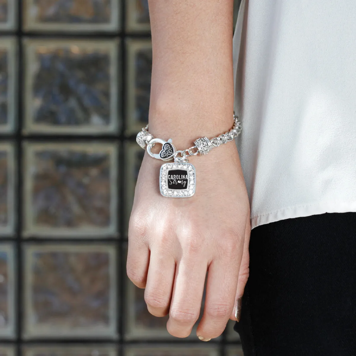 Silver Carolina Strong Square Charm Braided Bracelet