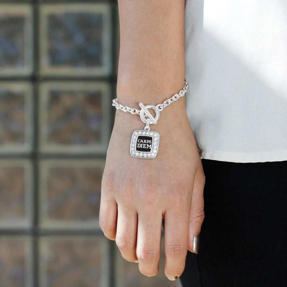 Silver Carpe Diem Square Charm Toggle Bracelet