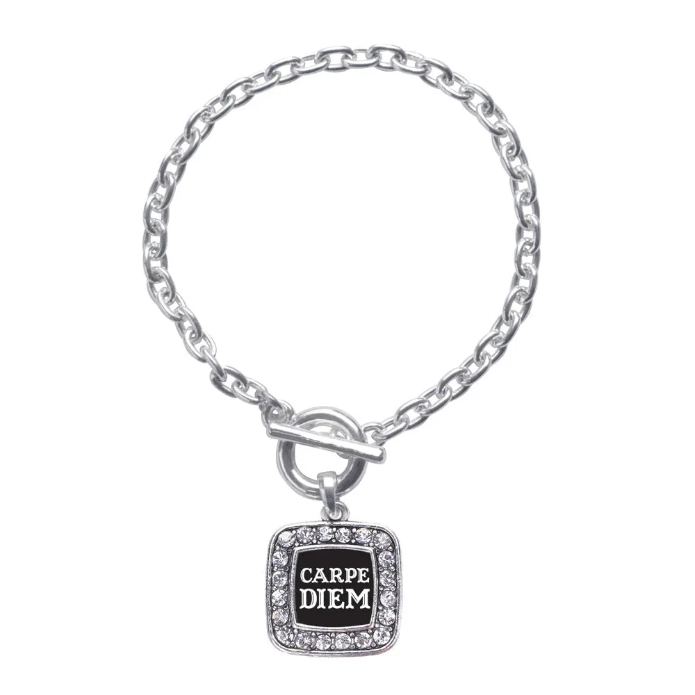 Silver Carpe Diem Square Charm Toggle Bracelet