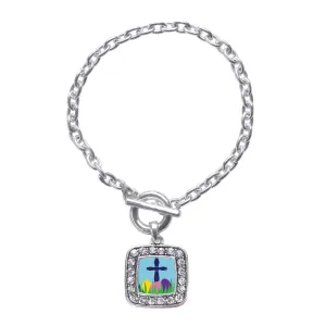Silver Easter Cross & Eggs Square Charm Toggle Bracelet