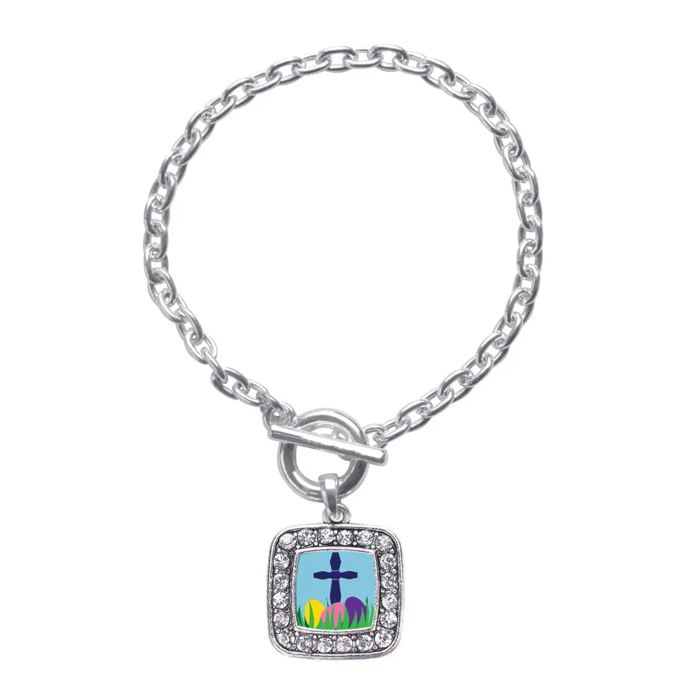 Silver Easter Cross & Eggs Square Charm Toggle Bracelet