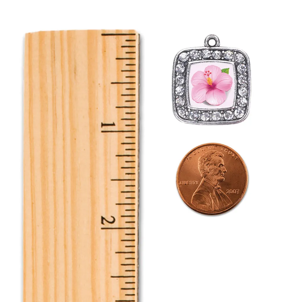 Silver Hibiscus Flower Square Charm Toggle Bracelet