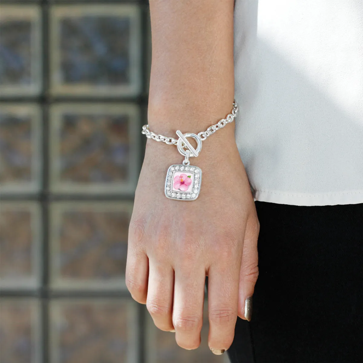 Silver Hibiscus Flower Square Charm Toggle Bracelet