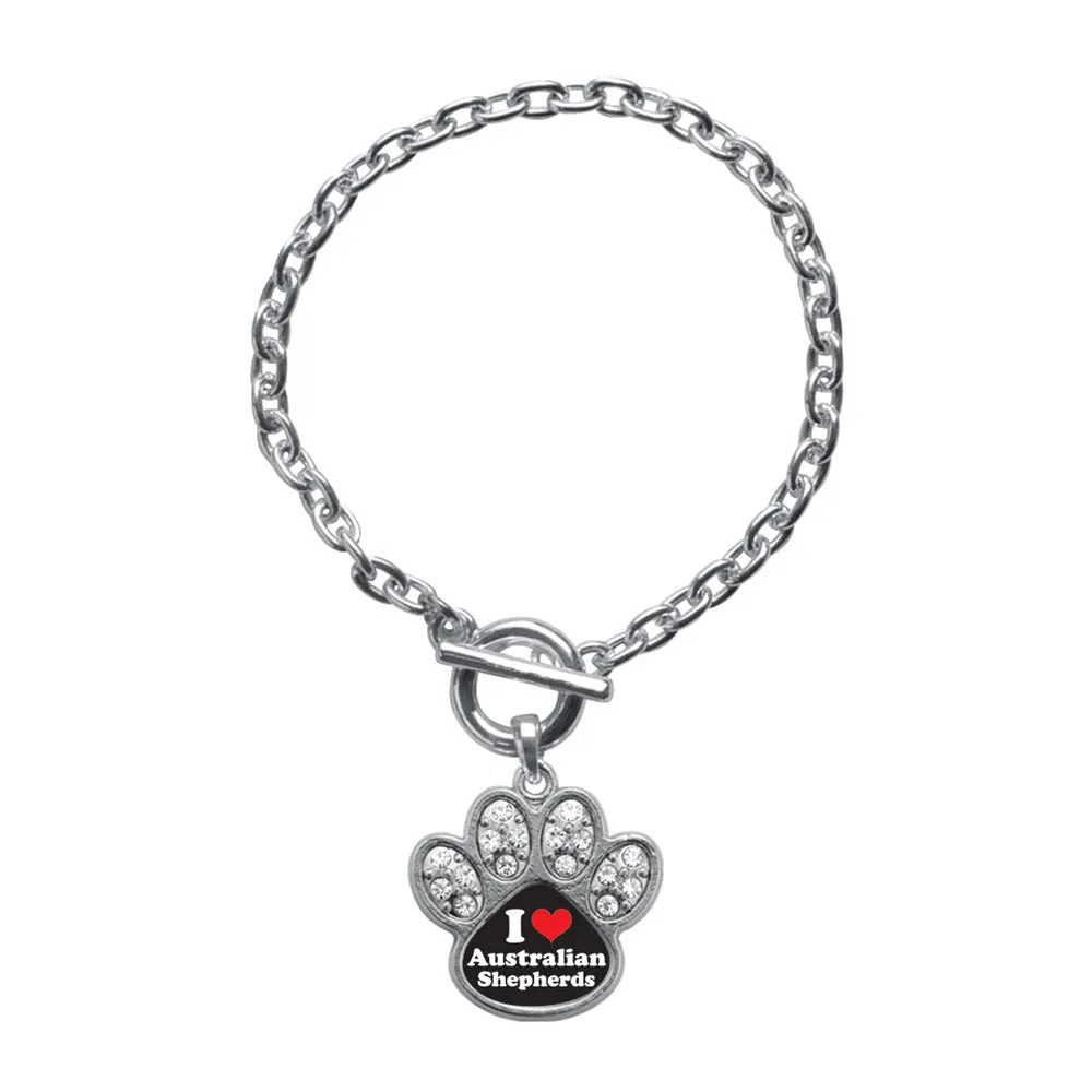 Silver I Love Australian Shepherds Pave Paw Charm Toggle Bracelet