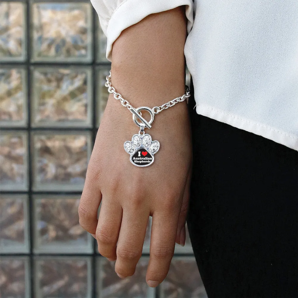 Silver I Love Australian Shepherds Pave Paw Charm Toggle Bracelet
