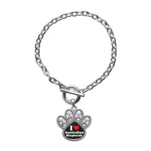 Silver I Love Australian Shepherds Pave Paw Charm Toggle Bracelet