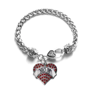 Silver Mom Red Red Pave Heart Charm Braided Bracelet